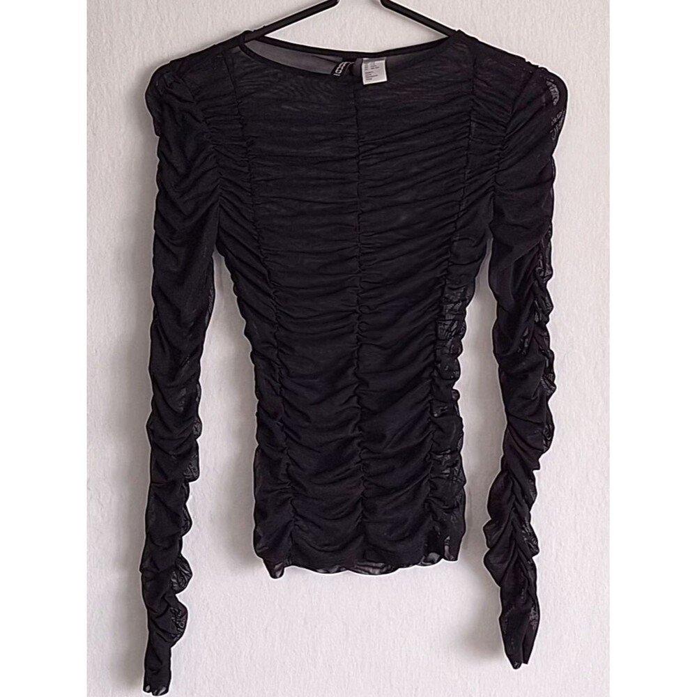 H&M Ruched Mesh Top NWOT Black Sheer Long Sleeve Fitted Crop Going Out Sz XXS